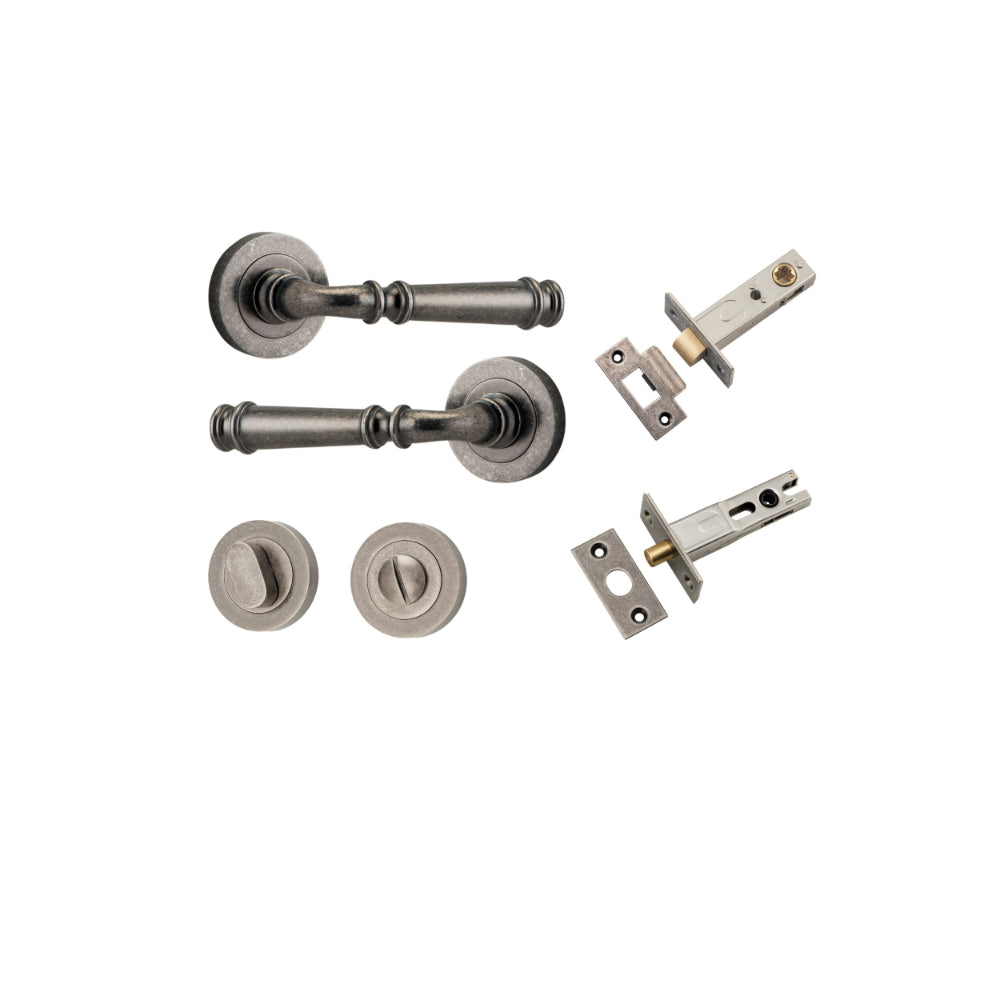 Door Lever Verona Round Rose Pair Distressed Nickel D52xP59mm Privacy Kit, Tube Latch Split Cam 'T' Striker Distressed Nickel Backset 60mm, Privacy Bolt Round Bolt Distressed Nickel Backset 60mm, Privacy Turn Oval Concealed Fix Round Distressed Ni… in Distressed Nickel