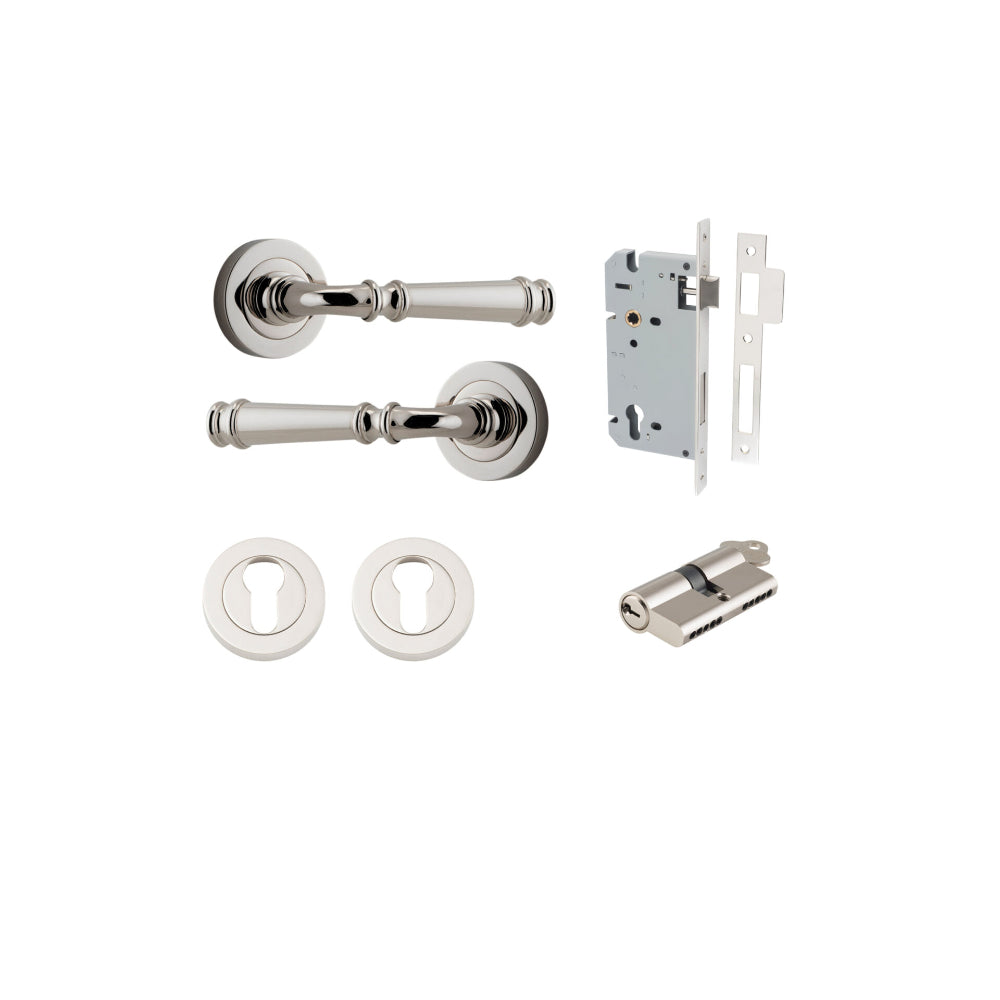 Door Lever Verona Round Rose Pair Polished Nickel D52xP59mm Entrance Kit, Mortice Lock Euro Polished Nickel CTC85mm Backset 60mm, Euro Cylinder Dual Function 5 Pin Polished Nickel L65mm KA1, Escutcheon Euro Concealed Fix Round Pair Polished Nickel… in Polished Nickel