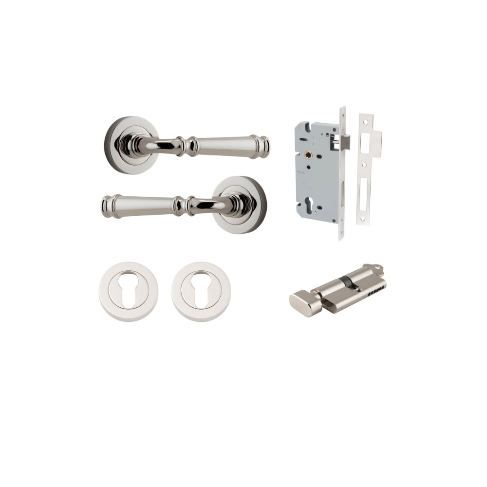 Door Lever Verona Round Rose Pair Polished Nickel D52xP59mm Entrance Kit, Mortice Lock Euro Polished Nickel CTC85mm Backset 60mm, Euro Cylinder Key Thumb 6 Pin Polished Nickel L70mm KA1, Escutcheon Euro Concealed Fix Round Pair Polished Nickel D52… in Polished Nickel