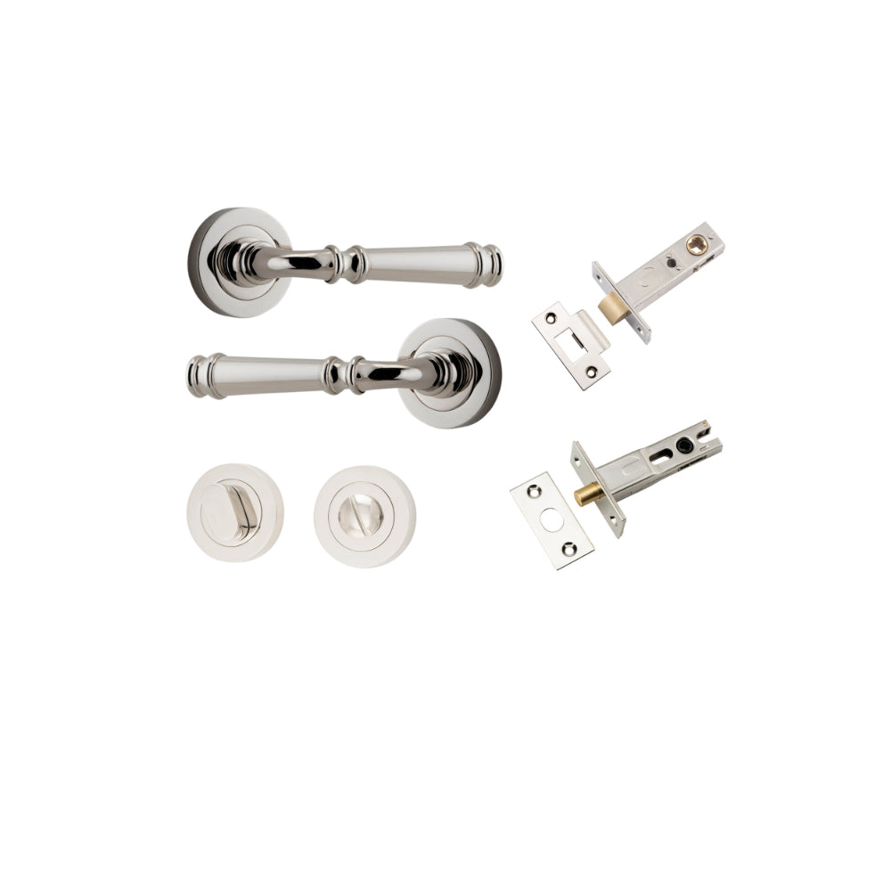 Door Lever Verona Round Rose Pair Polished Nickel D52xP59mm Privacy Kit, Tube Latch Split Cam 'T' Striker Polished Nickel Backset 60mm, Privacy Bolt Round Bolt Polished Nickel Backset 60mm, Privacy Turn Oval Concealed Fix Round Polished Nickel D52… in Polished Nickel
