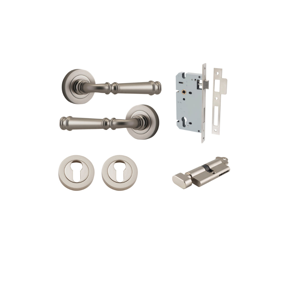 Door Lever Verona Round Rose Pair Satin Nickel D52xP59mm Entrance Kit, Mortice Lock Euro Satin Nickel CTC85mm Backset 60mm, Euro Cylinder Key Thumb 6 Pin Satin Nickel L70mm KA1, Escutcheon Euro Concealed Fix Round Pair Satin Nickel D52xP10mm in Satin Nickel