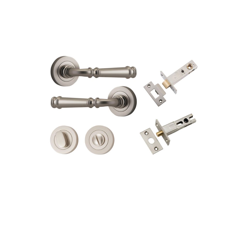 Door Lever Verona Round Rose Pair Satin Nickel D52xP59mm Privacy Kit, Tube Latch Split Cam 'T' Striker Satin Nickel Backset 60mm, Privacy Bolt Round Bolt Satin Nickel Backset 60mm, Privacy Turn Oval Concealed Fix Round Satin Nickel D52xP23mm in Satin Nickel