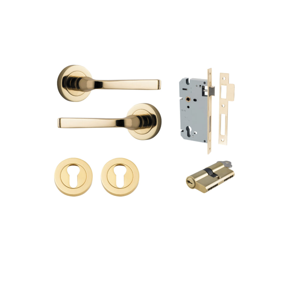 Door Lever Annecy Round Rose Pair Polished Brass D52xP65mm Entrance Kit, Mortice Lock Euro Polished Brass CTC85mm Backset 60mm, Euro Cylinder Dual Function 5 Pin Polished Brass L65mm KA1, Escutcheon Euro Concealed Fix Round Pair Polished Brass D52… in Polished Brass