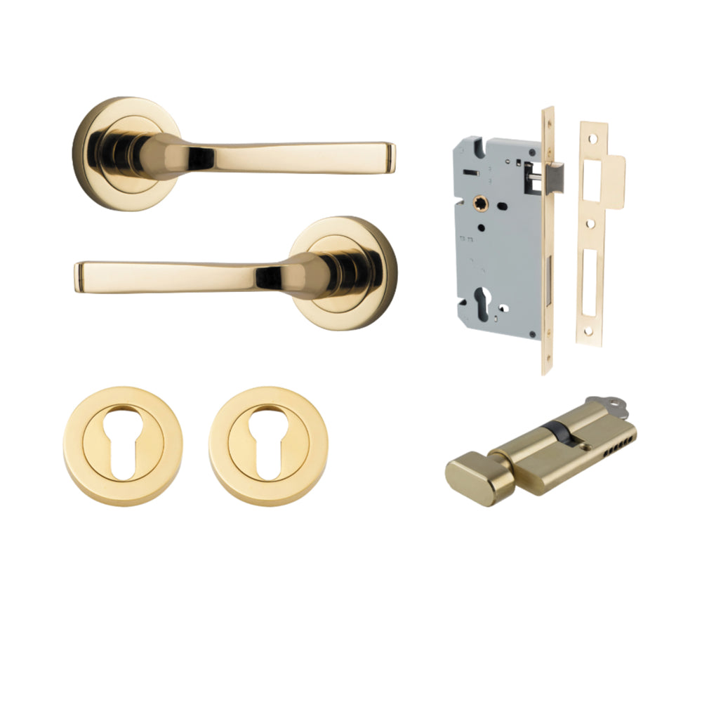 Door Lever Annecy Round Rose Pair Polished Brass D52xP65mm Entrance Kit, Mortice Lock Euro Polished Brass CTC85mm Backset 60mm, Euro Cylinder Key Thumb 6 Pin Polished Brass L70mm KA1, Escutcheon Euro Concealed Fix Round Pair Polished Brass D52xP10mm in Polished Brass