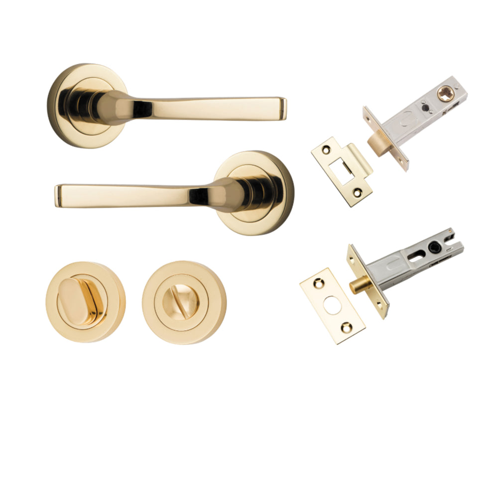 Door Lever Annecy Round Rose Pair Polished Brass D52xP65mm Privacy Kit, Tube Latch Split Cam 'T' Striker Polished Brass Backset 60mm, Privacy Bolt Round Bolt Polished Brass Backset 60mm, Privacy Turn Oval Concealed Fix Round Polished Brass D52xP23mm in Polished Brass