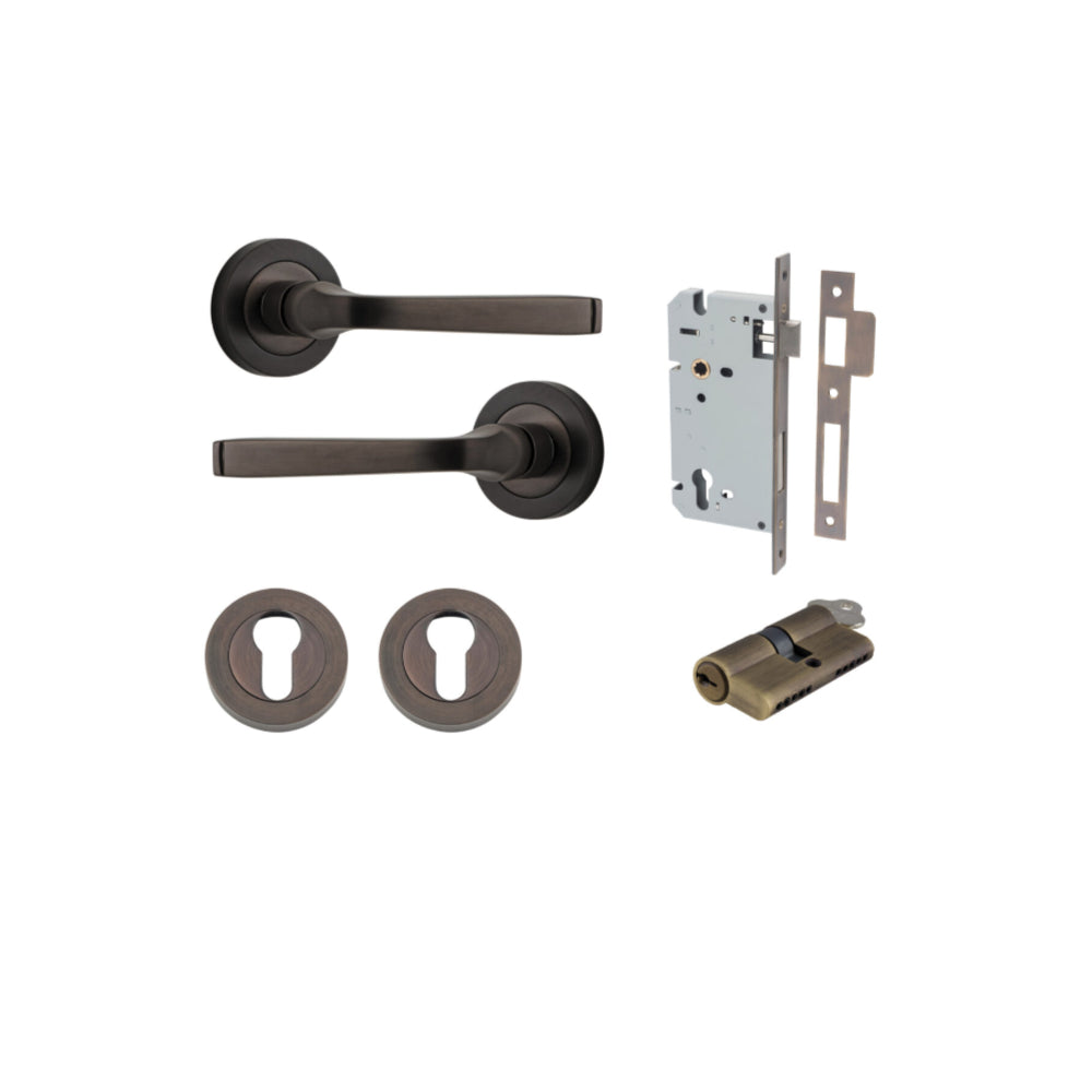 Door Lever Annecy Round Rose Pair Signature Brass D52xP65mm Entrance Kit, Mortice Lock Euro Signature Brass CTC85mm Backset 60mm, Euro Cylinder Dual Function 5 Pin Signature Brass L65mm KA1, Escutcheon Euro Concealed Fix Round Pair Signature Brass … in Signature Brass