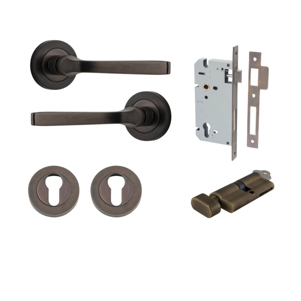 Door Lever Annecy Round Rose Pair Signature Brass D52xP65mm Entrance Kit, Mortice Lock Euro Signature Brass CTC85mm Backset 60mm, Euro Cylinder Key Thumb 6 Pin Signature Brass L70mm KA1, Escutcheon Euro Concealed Fix Round Pair Signature Brass D52… in Signature Brass