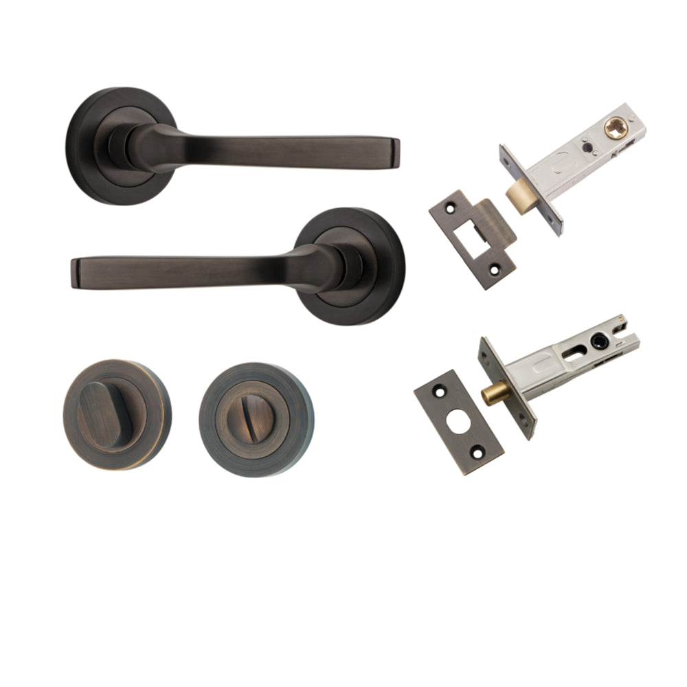 Door Lever Annecy Round Rose Pair Signature Brass D52xP65mm Privacy Kit, Tube Latch Split Cam 'T' Striker Signature Brass Backset 60mm, Privacy Bolt Round Bolt Signature Brass Backset 60mm, Privacy Turn Oval Concealed Fix Round Signature Brass D52… in Signature Brass