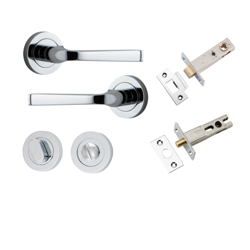 Door Lever Annecy Round Rose Pair Polished Chrome D52xP65mm Privacy Kit, Tube Latch Split Cam 'T' Striker Polished Chrome Backset 60mm, Privacy Bolt Round Bolt Polished Chrome Backset 60mm, Privacy Turn Oval Concealed Fix Round Polished Chrome D52… in Polished Chrome