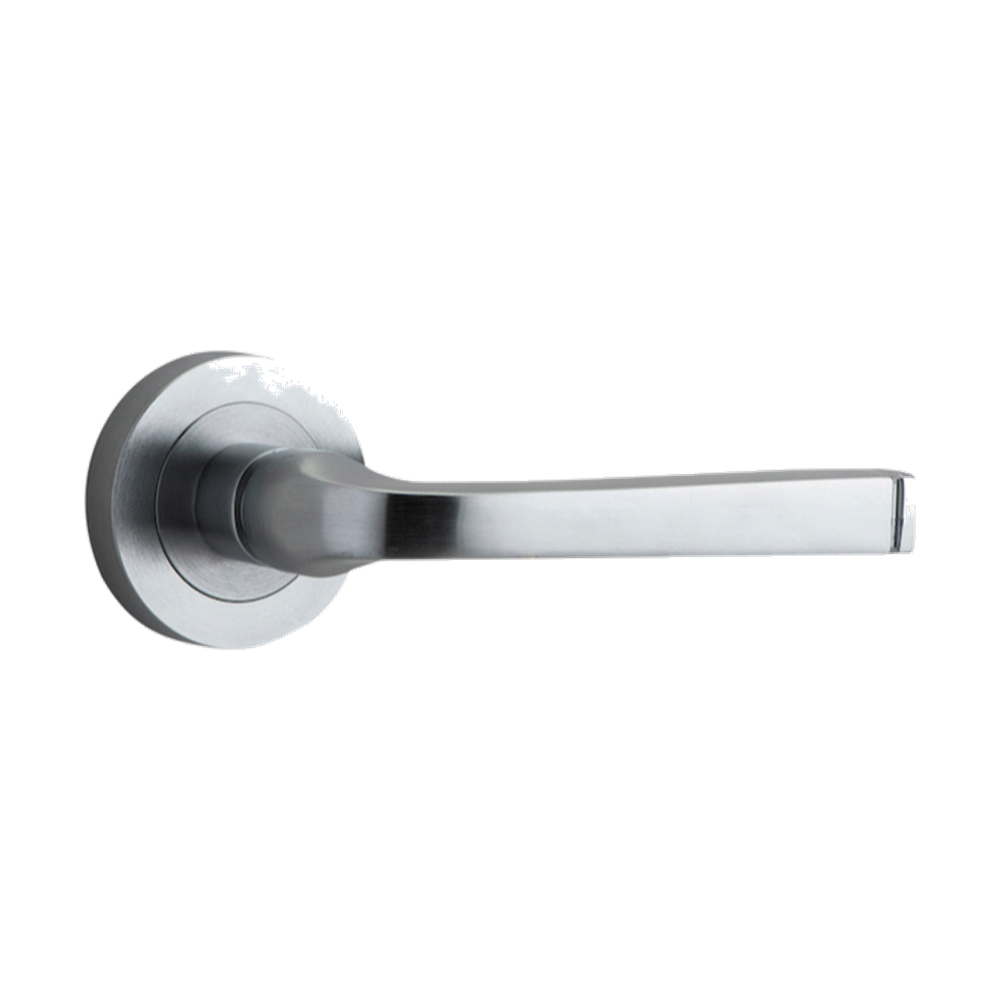 Door Lever Annecy Round Rose Pair Brushed Chrome D52xP65mm
(Latch/Lock Sold Separately) in Brushed Chrome