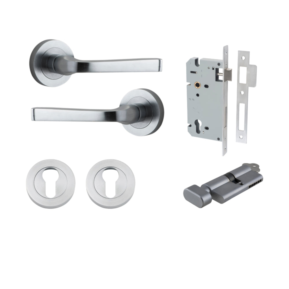 Door Lever Annecy Round Rose Pair Brushed Chrome D52xP65mm Entrance Kit, Mortice Lock Euro Brushed Chrome CTC85mm Backset 60mm, Euro Cylinder Key Thumb 6 Pin Brushed Chrome L70mm KA1, Escutcheon Euro Concealed Fix Round Pair Brushed Chrome D52xP10mm in Brushed Chrome
