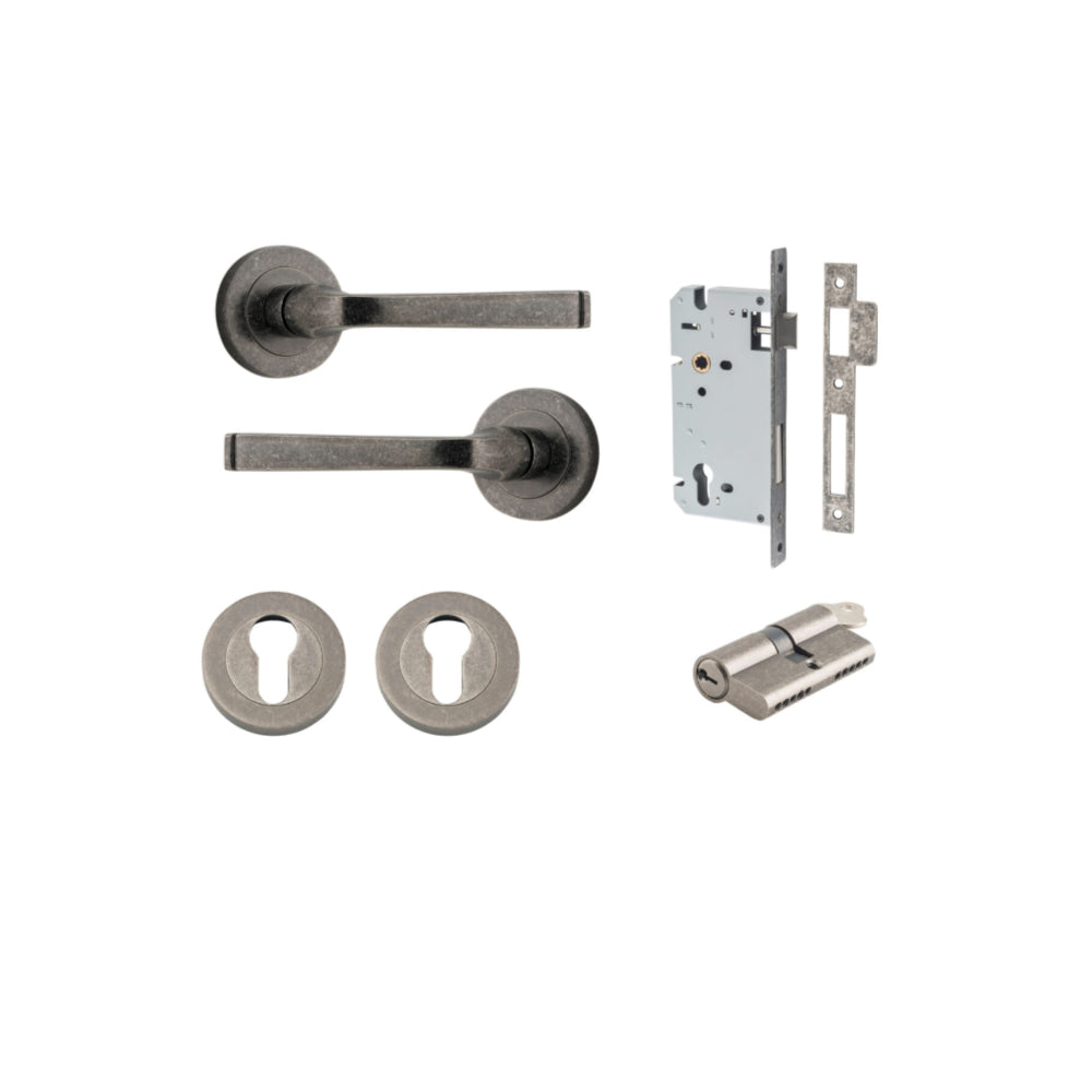 Door Lever Annecy Round Rose Pair Distressed Nickel D52xP65mm Entrance Kit, Mortice Lock Euro Distressed Nickel CTC85mm Backset 60mm, Euro Cylinder Dual Function 5 Pin Distressed Nickel L65mm KA1, Escutcheon Euro Concealed Fix Round Pair Distresse… in Distressed Nickel