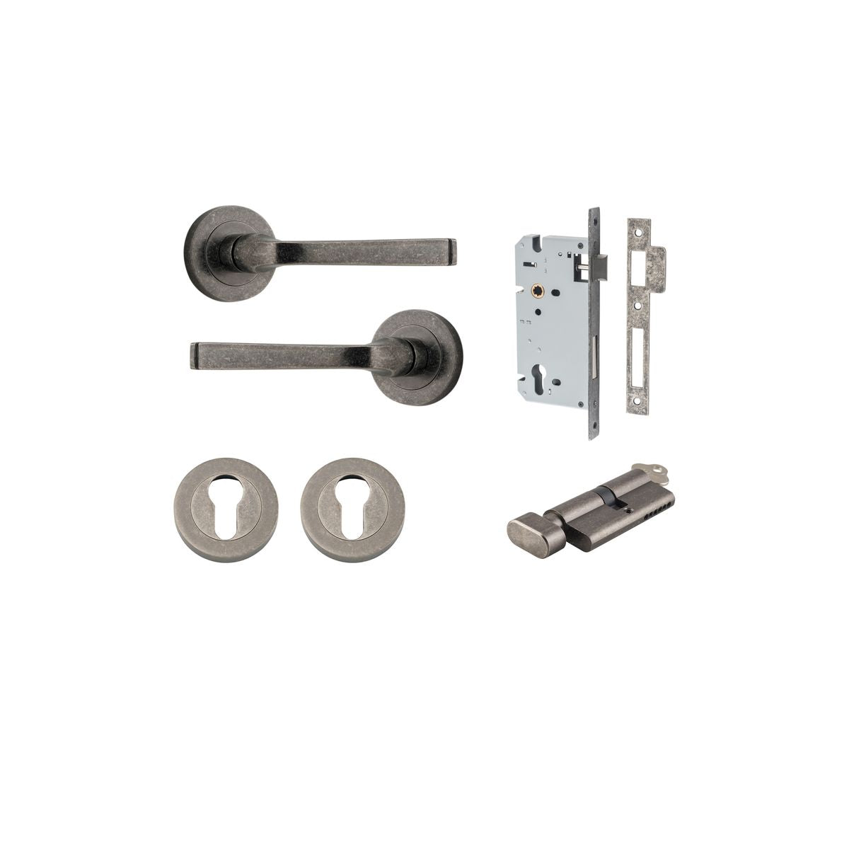 Door Lever Annecy Round Rose Pair Distressed Nickel D52xP65mm Entrance Kit, Mortice Lock Euro Distressed Nickel CTC85mm Backset 60mm, Euro Cylinder Key Thumb 6 Pin Distressed Nickel L70mm KA1, Escutcheon Euro Concealed Fix Round Pair Distressed Ni… in Distressed Nickel