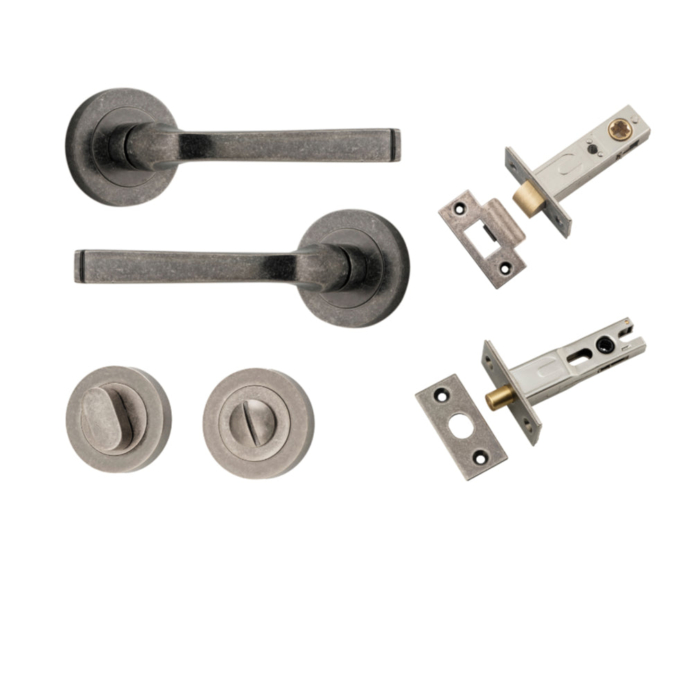 Door Lever Annecy Round Rose Pair Distressed Nickel D52xP65mm Privacy Kit, Tube Latch Split Cam 'T' Striker Distressed Nickel Backset 60mm, Privacy Bolt Round Bolt Distressed Nickel Backset 60mm, Privacy Turn Oval Concealed Fix Round Distressed Ni… in Distressed Nickel
