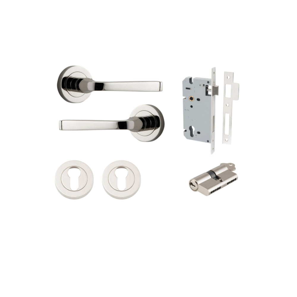 Door Lever Annecy Round Rose Pair Polished Nickel D52xP65mm Entrance Kit, Mortice Lock Euro Polished Nickel CTC85mm Backset 60mm, Euro Cylinder Dual Function 5 Pin Polished Nickel L65mm KA1, Escutcheon Euro Concealed Fix Round Pair Polished Nickel… in Polished Nickel