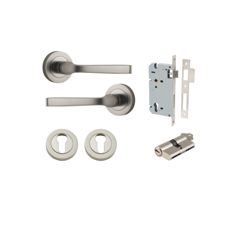 Door Lever Annecy Round Rose Pair Satin Nickel D52xP65mm Entrance Kit, Mortice Lock Euro Satin Nickel CTC85mm Backset 60mm, Euro Cylinder Dual Function 5 Pin Satin Nickel L65mm KA1, Escutcheon Euro Concealed Fix Round Pair Satin Nickel D52xP10mm in Satin Nickel