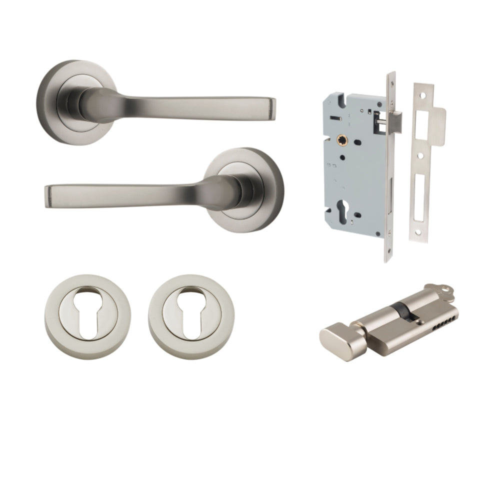 Door Lever Annecy Round Rose Pair Satin Nickel D52xP65mm Entrance Kit, Mortice Lock Euro Satin Nickel CTC85mm Backset 60mm, Euro Cylinder Key Thumb 6 Pin Satin Nickel L70mm KA1, Escutcheon Euro Concealed Fix Round Pair Satin Nickel D52xP10mm in Satin Nickel