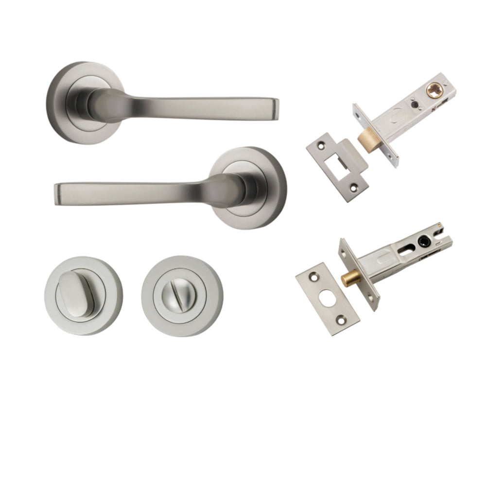 Door Lever Annecy Round Rose Pair Satin Nickel D52xP65mm Privacy Kit, Tube Latch Split Cam 'T' Striker Satin Nickel Backset 60mm, Privacy Bolt Round Bolt Satin Nickel Backset 60mm, Privacy Turn Oval Concealed Fix Round Satin Nickel D52xP23mm in Satin Nickel