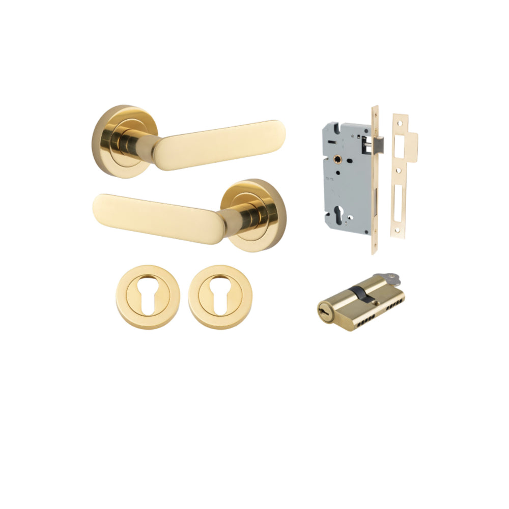 Door Lever Bronte Rose Round Pair Polished Brass L117xP56mm BPD52mm, Mortice Lock Euro Polished Brass CTC85mm Backset 60mm, Euro Cylinder Dual Function 5 Pin Polished Brass 65mm KA4, Escutcheon Euro Concealed Fix Round Pair Polished Brass D52xP10mm in Polished Brass