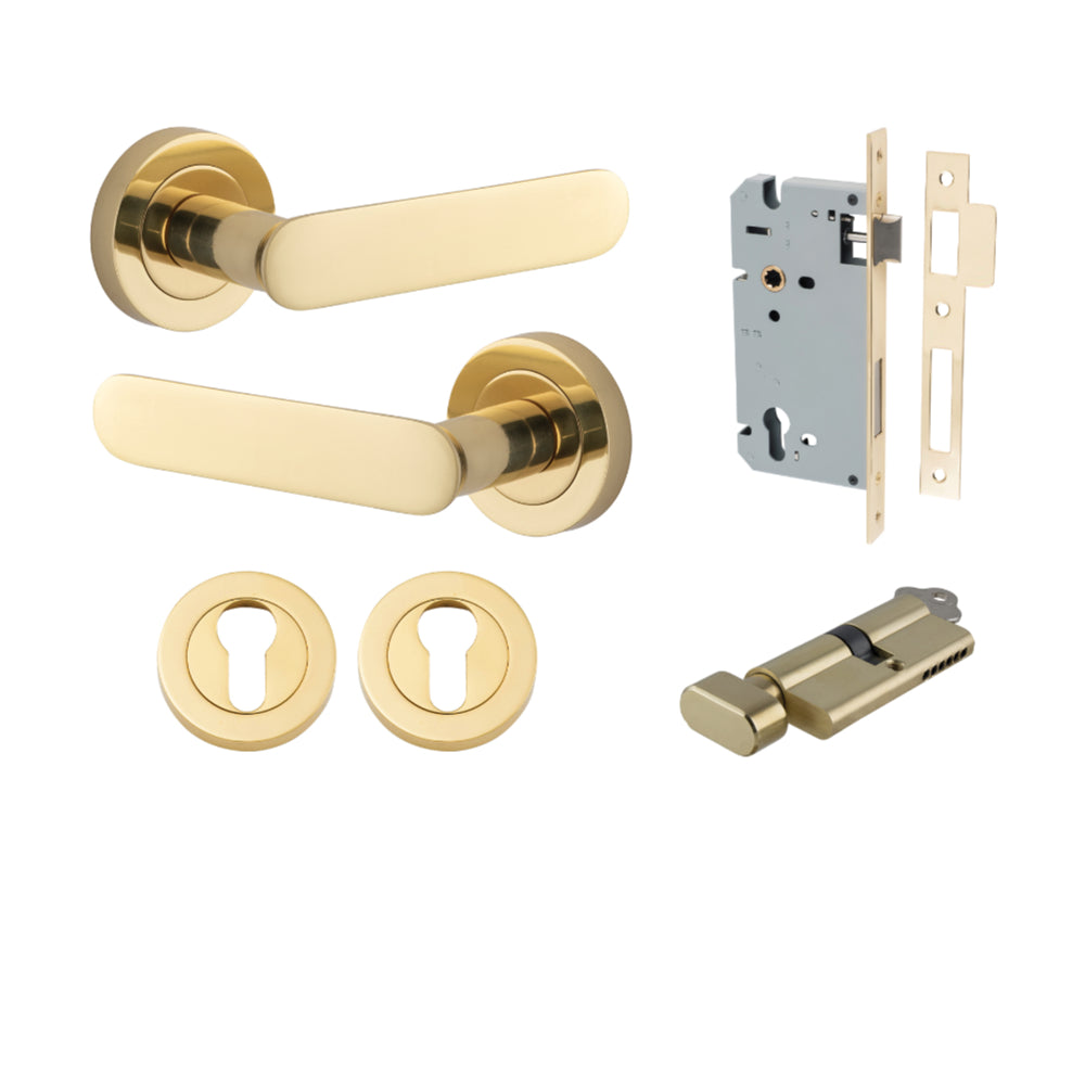 Door Lever Bronte Rose Round Pair Polished Brass L117xP56mm BPD52mm, Mortice Lock Euro Polished Brass CTC85mm Backset 60mm, Euro Cylinder Key Thumb 5 Pin Polished Brass 65mm KA4, Escutcheon Euro Concealed Fix Round Pair Polished Brass D52xP10mm in Polished Brass