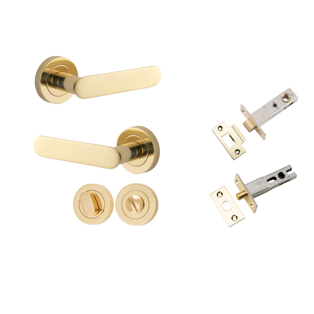 Door Lever Bronte Rose Round Polished Brass L117xP56mm BPD52mm Privacy Kit, Tube Latch Split Cam 'T' Striker Polished Brass Backset 60mm, Privacy Bolt Round Bolt Polished Brass Backset 60mm, Privacy Turn Oval Concealed Fix Round D52xP23mm in Polished Bras