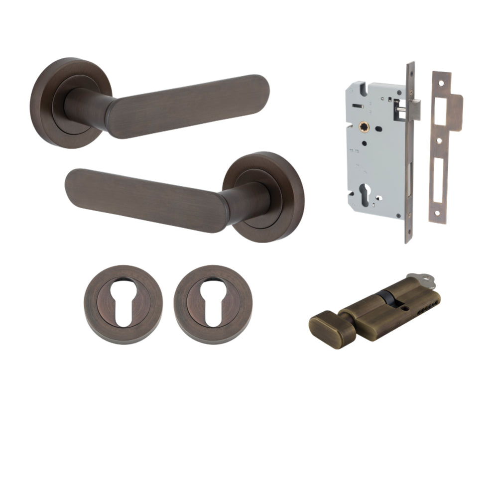 Door Lever Bronte Rose Round Pair Signature Brass L117xP56mm BPD52mm, Mortice Lock Euro Signature Brass CTC85mm Backset 60mm, Euro Cylinder Key Thumb 5 Pin Signature Brass 65mm KA4, Escutcheon Euro Concealed Fix Round Pair Signature Brass D52xP10mm in Sig