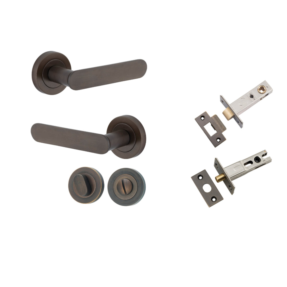 Door Lever Bronte Rose Round Signature Brass L117xP56mm BPD52mm Privacy Kit, Tube Latch Split Cam 'T' Striker Signature Brass Backset 60mm, Privacy Bolt Round Bolt Signature Brass Backset 60mm, Privacy Turn Oval Concealed Fix Round D52xP23mm in Signature Brass