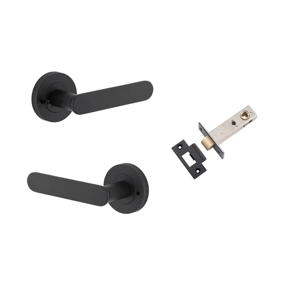 Door Lever Bronte Rose Round Matt Black L117xP56mm BPD52mm Inbuilt Privacy Kit, Tube Latch Privacy with Faceplate & T striker Backset 60mm in Matt Black