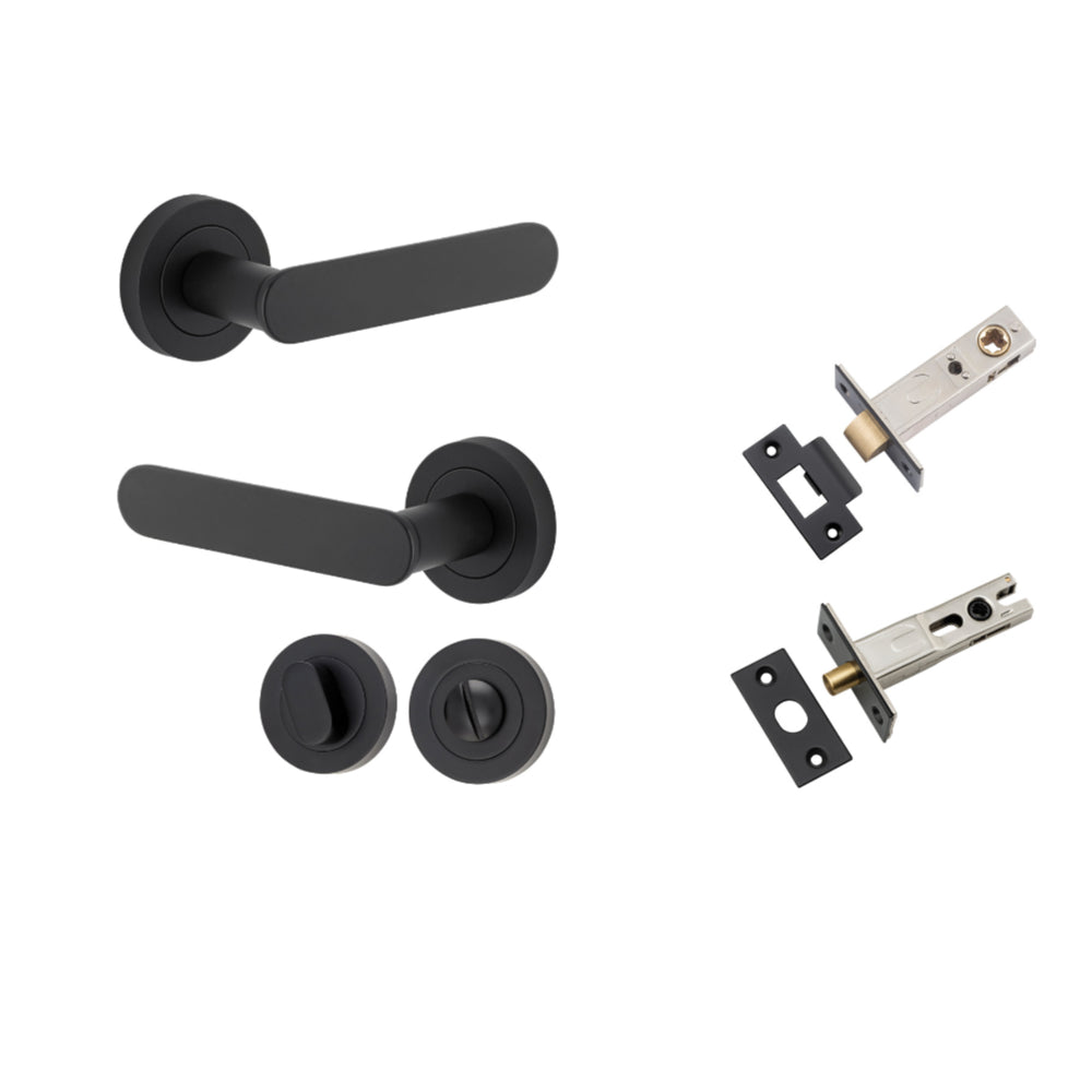 Door Lever Bronte Rose Round Matt Black L117xP56mm BPD52mm Privacy Kit, Tube Latch Split Cam 'T' Striker Matt Black Backset 60mm, Privacy Bolt Round Bolt Matt Black Backset 60mm, Privacy Turn Oval Concealed Fix Round Matt Black D52xP23mm in Matt Black