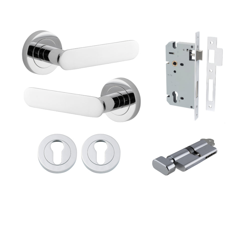 Door Lever Bronte Rose Round Pair Polished Chrome L117xP56mm BPD52mm, Mortice Lock Euro Polished Chrome CTC85mm Backset 60mm, Euro Cylinder Key Thumb 5 Pin Polished Chrome 65mm KA4, Escutcheon Euro Concealed Fix Round Pair Polished Chrome D52xP10mm in Polished Chrome