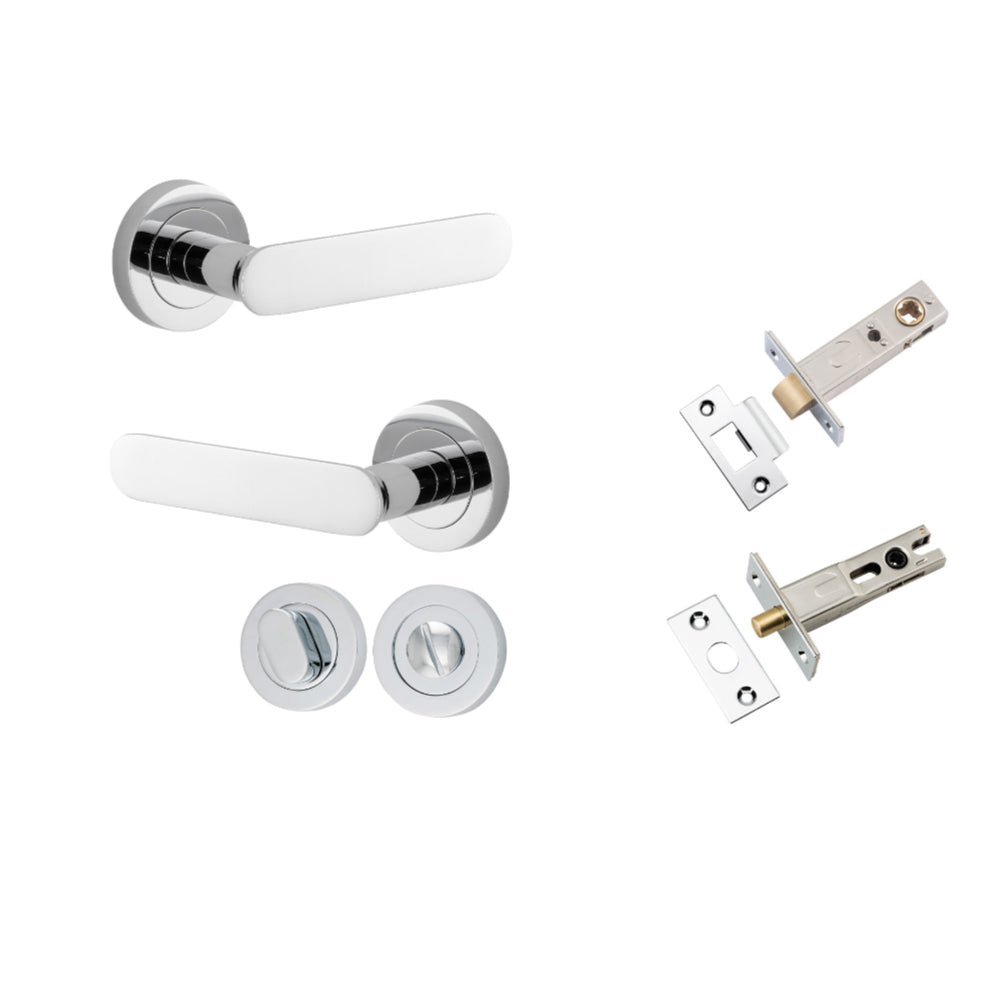Door Lever Bronte Rose Round Polished Chrome L117xP56mm BPD52mm Privacy Kit, Tube Latch Split Cam 'T' Striker Polished Chrome Backset 60mm, Privacy Bolt Round Bolt Polished Chrome Backset 60mm, Privacy Turn Oval Concealed Fix Round D52xP23mm in Polished Chrome