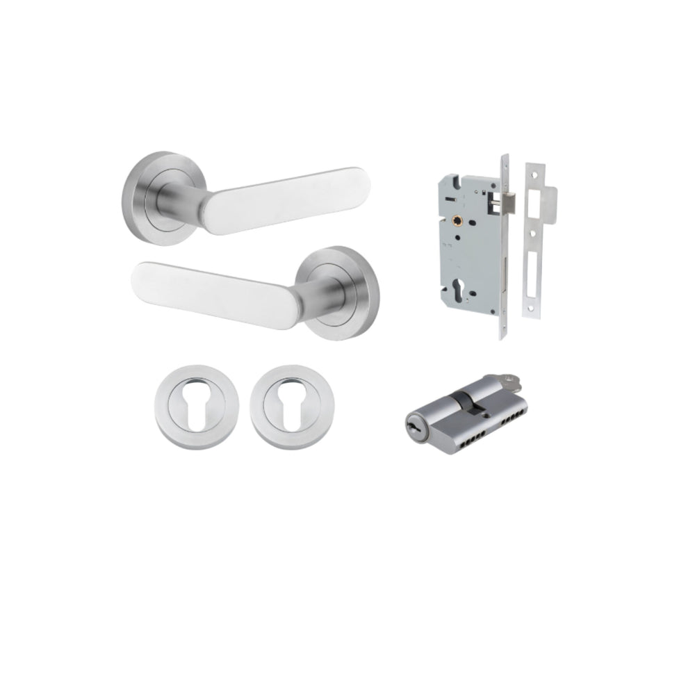 Door Lever Bronte Rose Round Pair Brushed Chrome L117xP56mm BPD52mm, Mortice Lock Euro Brushed Chrome CTC85mm Backset 60mm, Euro Cylinder Dual Function 5 Pin Brushed Chrome 65mm KA4, Escutcheon Euro Concealed Fix Round Pair Brushed Chrome D52xP10mm in Brushed Chrome