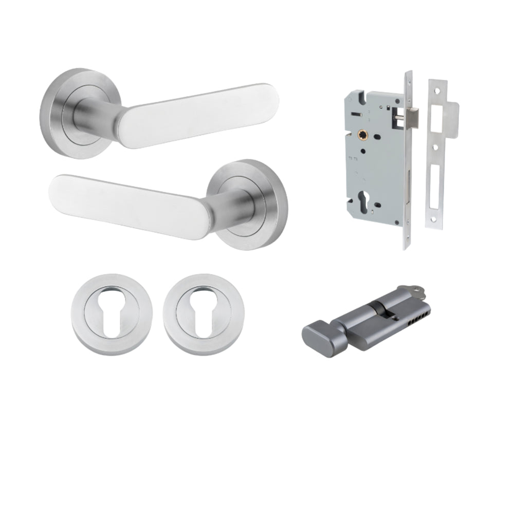 Door Lever Bronte Rose Round Pair Brushed Chrome L117xP56mm BPD52mm, Mortice Lock Euro Brushed Chrome CTC85mm Backset 60mm, Euro Cylinder Key Thumb 5 Pin Brushed Chrome 65mm KA4, Escutcheon Euro Concealed Fix Round Pair Brushed Chrome D52xP10mm in Brushed Chrome