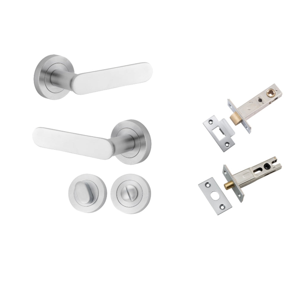 Door Lever Bronte Rose Round Brushed Chrome L117xP56mm BPD52mm Privacy Kit, Tube Latch Split Cam 'T' Striker Brushed Chrome Backset 60mm, Privacy Bolt Round Bolt Brushed Chrome Backset 60mm, Privacy Turn Oval Concealed Fix Round D52xP23mm in Brushed Chrome