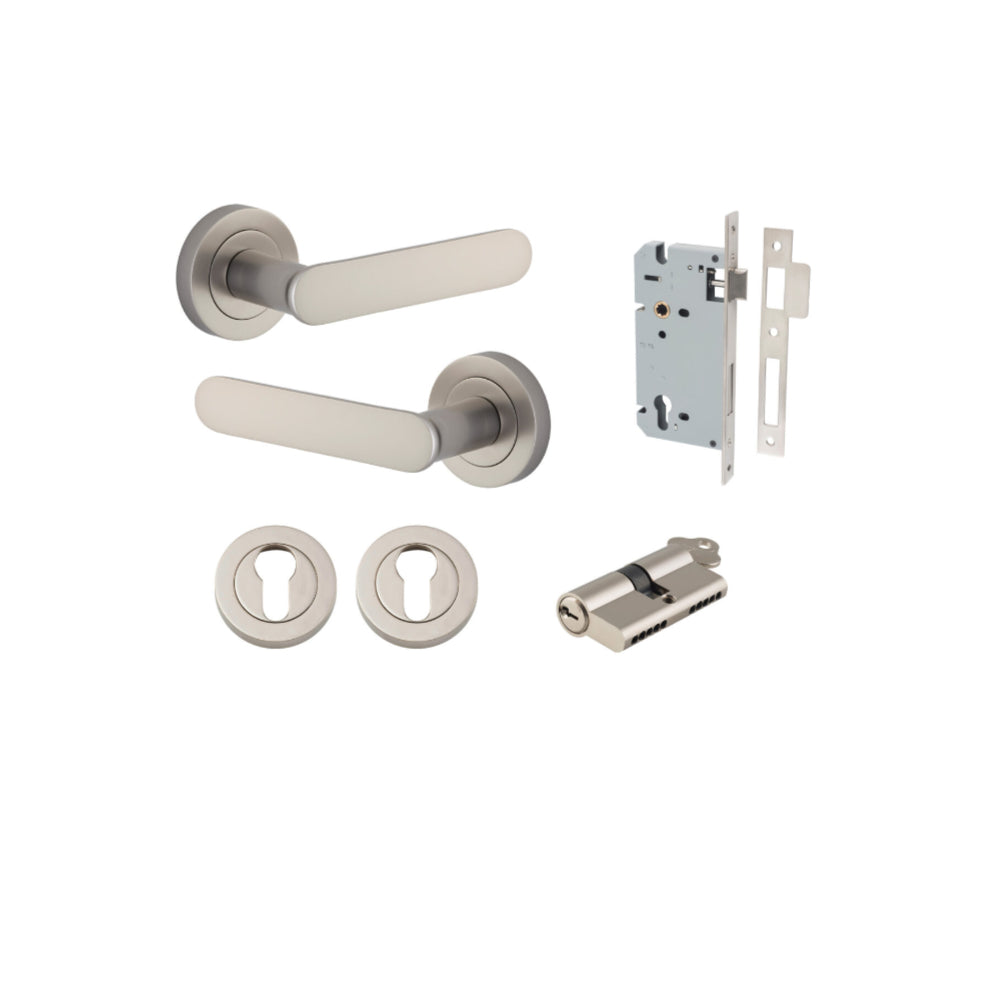 Door Lever Bronte Rose Round Pair Satin Nickel L117xP56mm BPD52mm, Mortice Lock Euro Satin Nickel CTC85mm Backset 60mm, Euro Cylinder Dual Function 5 Pin Satin Nickel 65mm KA4, Escutcheon Euro Concealed Fix Round Pair Satin Nickel D52xP10mm in Satin Nickel