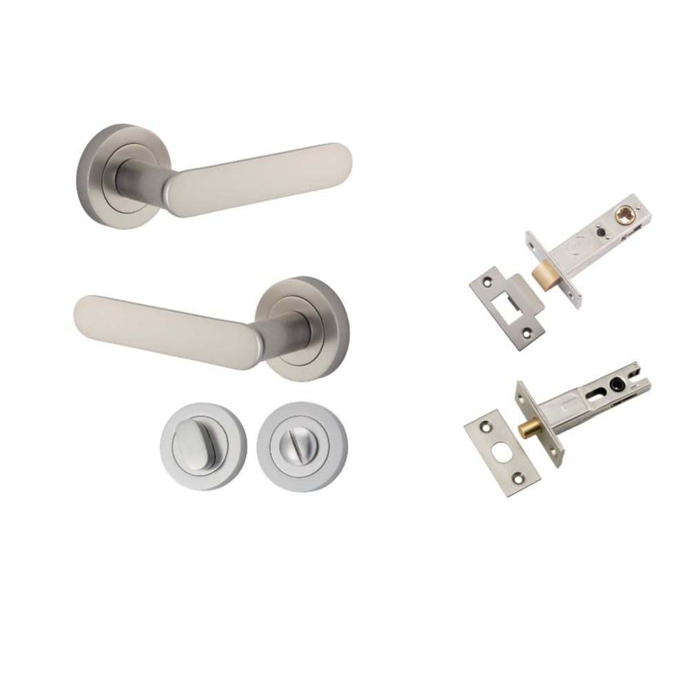 Door Lever Bronte Rose Round Satin Nickel L117xP56mm BPD52mm Privacy Kit, Tube Latch Split Cam 'T' Striker Satin Nickel Backset 60mm, Privacy Bolt Round Bolt Satin Nickel Backset 60mm, Privacy Turn Oval Concealed Fix Round Satin Nickel D52xP23mm in Satin Nickel