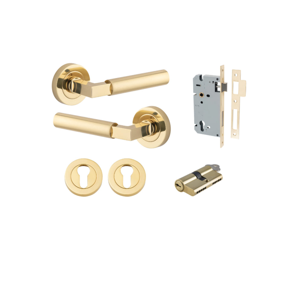 Door Lever Berlin Rose Round Pair Polished Brass L120xP60mm BPD52mm, Mortice Lock Euro Polished Brass CTC85mm Backset 60mm, Euro Cylinder Dual Function 5 Pin Polished Brass 65mm KA4, Escutcheon Euro Concealed Fix Round Pair Polished Brass D52xP10mm in Polished Brass