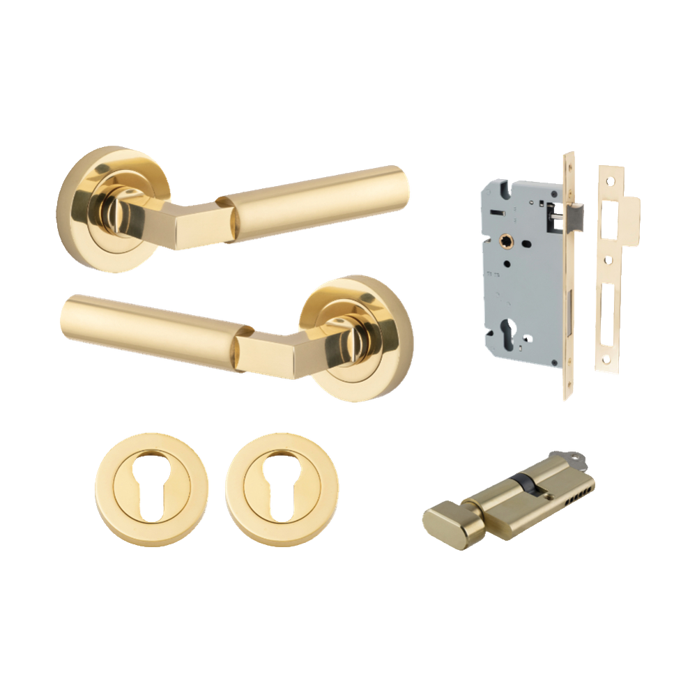 Door Lever Berlin Rose Round Pair Polished Brass L120xP60mm BPD52mm, Mortice Lock Euro Polished Brass CTC85mm Backset 60mm, Euro Cylinder Key Thumb 5 Pin Polished Brass 65mm KA4, Escutcheon Euro Concealed Fix Round Pair Polished Brass D52xP10mm in Polished Brass