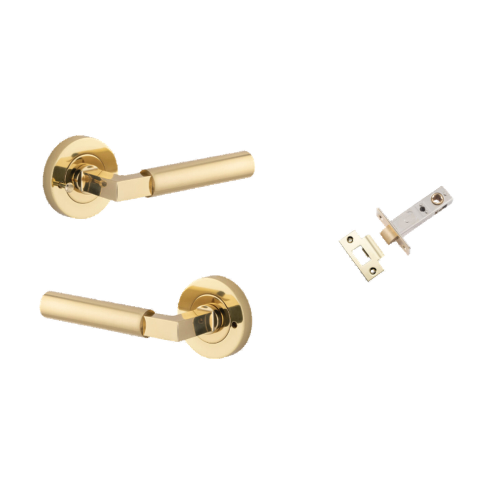 Door Lever Berlin Rose Round Polished Brass L120xP60mm BPD52mm Inbuilt Privacy Kit, Tube Latch Privacy with Faceplate & T striker Backset 60mm in Polished Brass