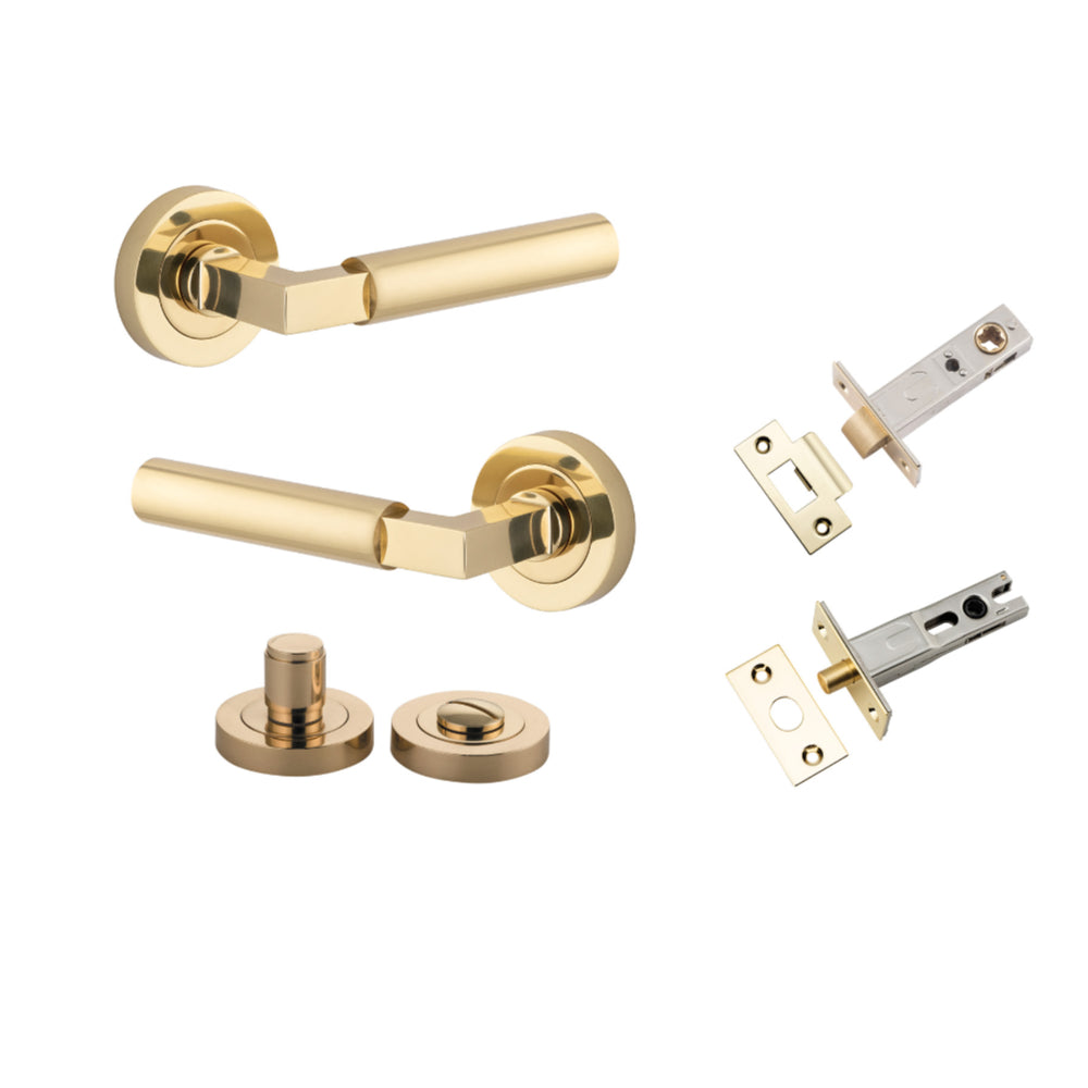 Door Lever Berlin Rose Round Polished Brass L120xP60mm BPD52mm Privacy Kit, Tube Latch Split Cam 'T' Striker Polished Brass Backset 60mm, Privacy Bolt Round Bolt Polished Brass Backset 60mm, Privacy Turn Berlin Concealed Fix Round D52xP35mm in Polished Brass