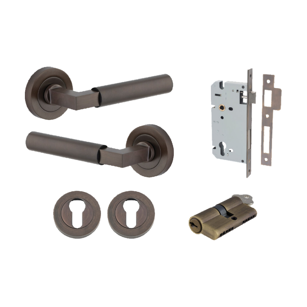 Door Lever Berlin Rose Round Pair Signature Brass L120xP60mm BPD52mm, Mortice Lock Euro Signature Brass CTC85mm Backset 60mm, Euro Cylinder Dual Function 5 Pin Signature Brass 65mm KA4, Escutcheon Euro Concealed Fix Round Pair D52xP10mm in Signature Brass