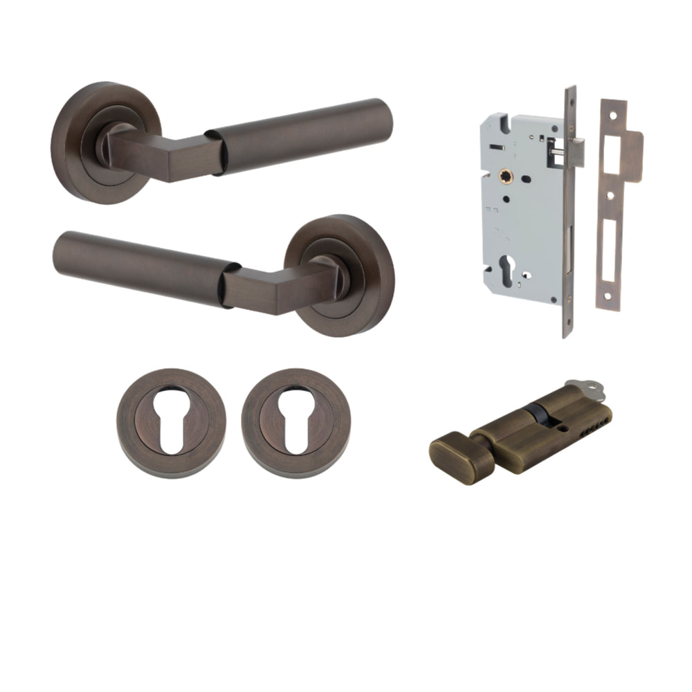 Door Lever Berlin Rose Round Pair Signature Brass L120xP60mm BPD52mm, Mortice Lock Euro Signature Brass CTC85mm Backset 60mm, Euro Cylinder Key Thumb 5 Pin Signature Brass 65mm KA4, Escutcheon Euro Concealed Fix Round Pair Signature Brass D52xP10mm in Signature Brass