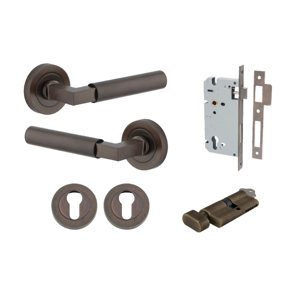 Door Lever Berlin Rose Round Pair Signature Brass L120xP60mm BPD52mm, Mortice Lock Euro Signature Brass CTC85mm Backset 60mm, Euro Cylinder Key Thumb 5 Pin Signature Brass 65mm KA4, Escutcheon Euro Concealed Fix Round Pair Signature Brass D52xP10mm in Signature Brass