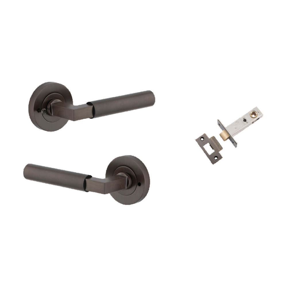 Door Lever Berlin Rose Round Signature Brass L120xP60mm BPD52mm Inbuilt Privacy Kit, Tube Latch Privacy with Faceplate & T striker Backset 60mm in Signature Brass