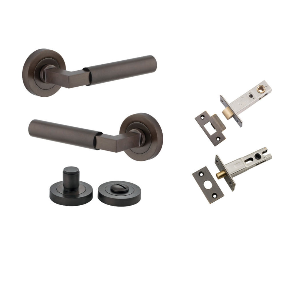 Door Lever Berlin Rose Round Signature Brass L120xP60mm BPD52mm Privacy Kit, Tube Latch Split Cam 'T' Striker Signature Brass Backset 60mm, Privacy Bolt Round Bolt Signature Brass Backset 60mm, Privacy Turn Berlin Concealed Fix Round D52xP35mm in Signature Brass