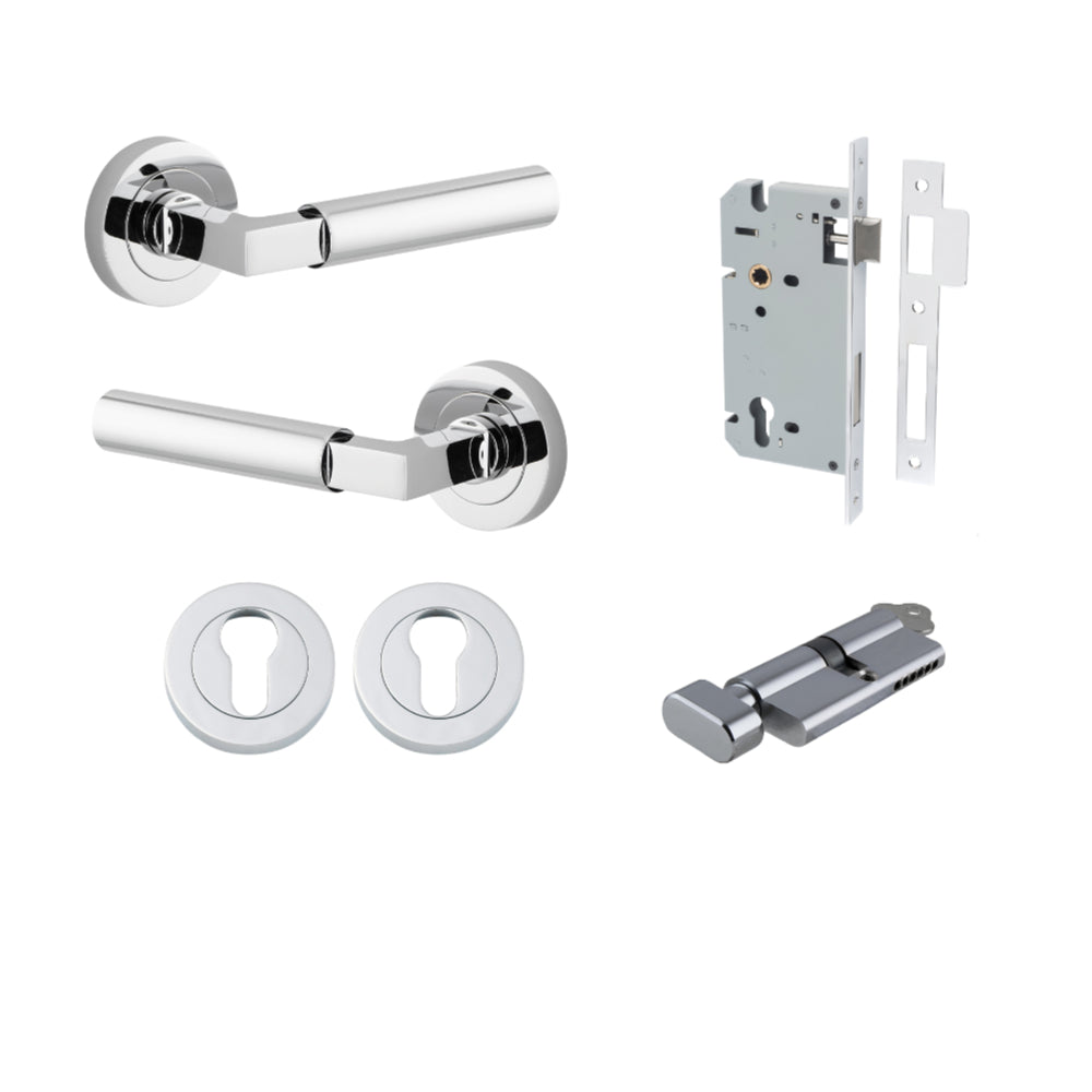 Door Lever Berlin Rose Round Pair Polished Chrome L120xP60mm BPD52mm, Mortice Lock Euro Polished Chrome CTC85mm Backset 60mm, Euro Cylinder Key Thumb 5 Pin Polished Chrome 65mm KA4, Escutcheon Euro Concealed Fix Round Pair Polished Chrome D52xP10mm in Polished Chrome