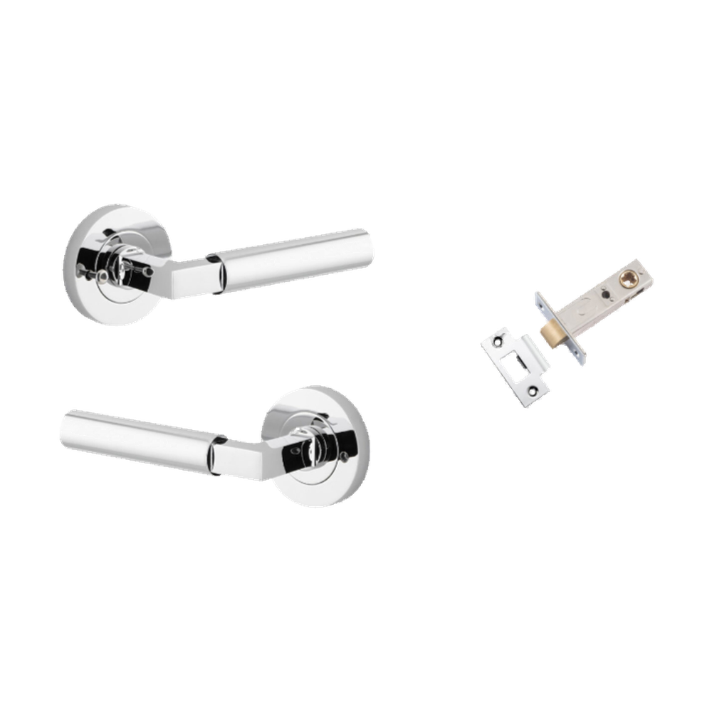 Door Lever Berlin Rose Round Polished Chrome L120xP60mm BPD52mm Inbuilt Privacy Kit, Tube Latch Privacy with Faceplate & T striker Backset 60mm in Polished Chrome