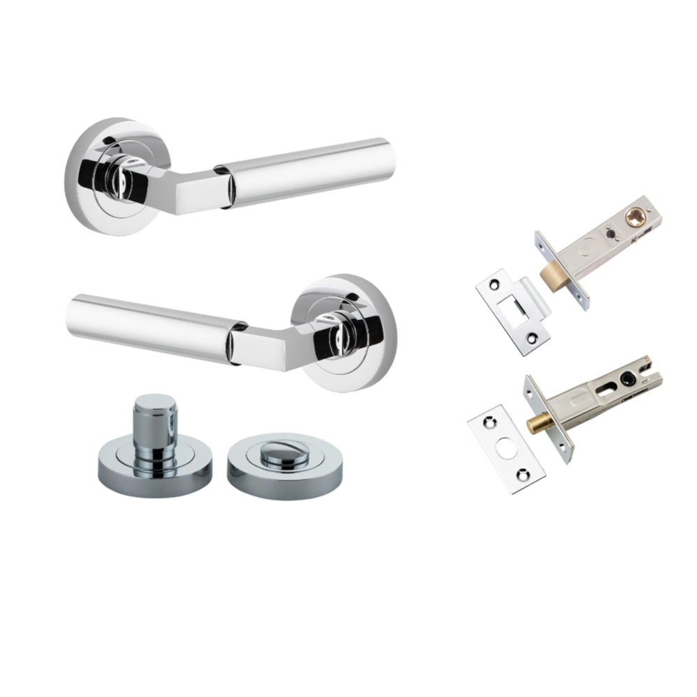 Door Lever Berlin Rose Round Polished Chrome L120xP60mm BPD52mm Privacy Kit, Tube Latch Split Cam 'T' Striker Polished Chrome Backset 60mm, Privacy Bolt Round Bolt Polished Chrome Backset 60mm, Privacy Turn Berlin Concealed Fix Round D52xP35mm in Polished Chrome