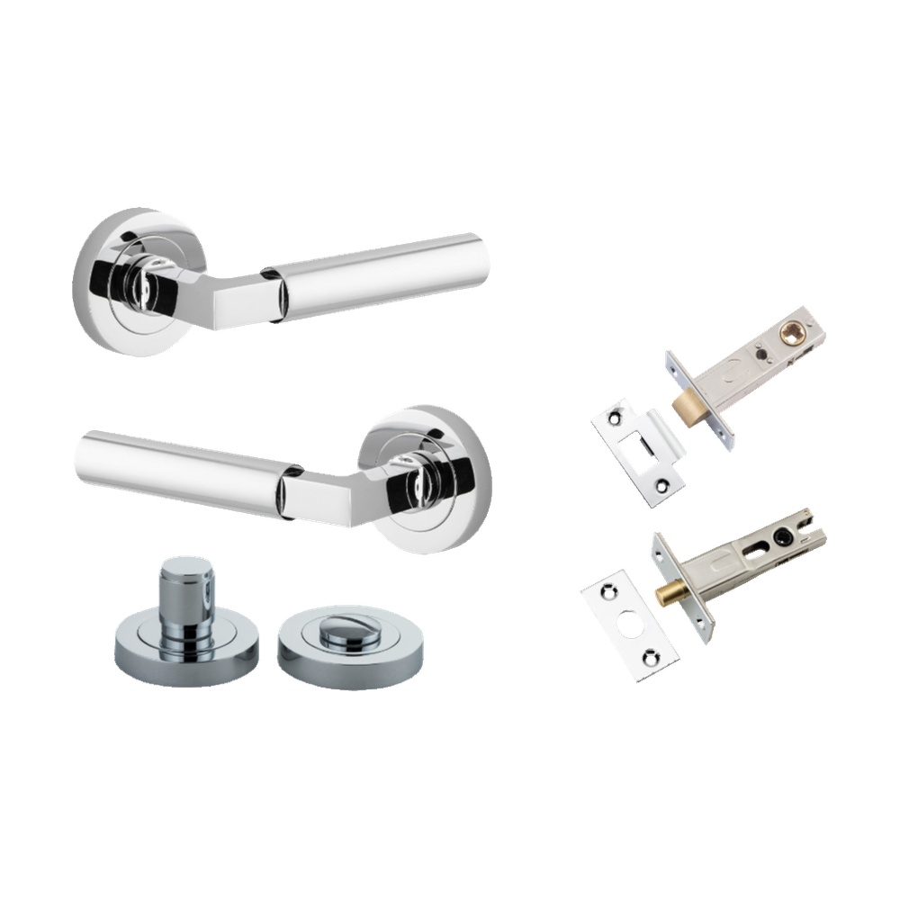 Door Lever Berlin Rose Round Polished Chrome L120xP60mm BPD52mm Privacy Kit, Tube Latch Split Cam 'T' Striker Polished Chrome Backset 60mm, Privacy Bolt Round Bolt Polished Chrome Backset 60mm, Privacy Turn Berlin Concealed Fix Round D52xP35mm in Polished Chrome