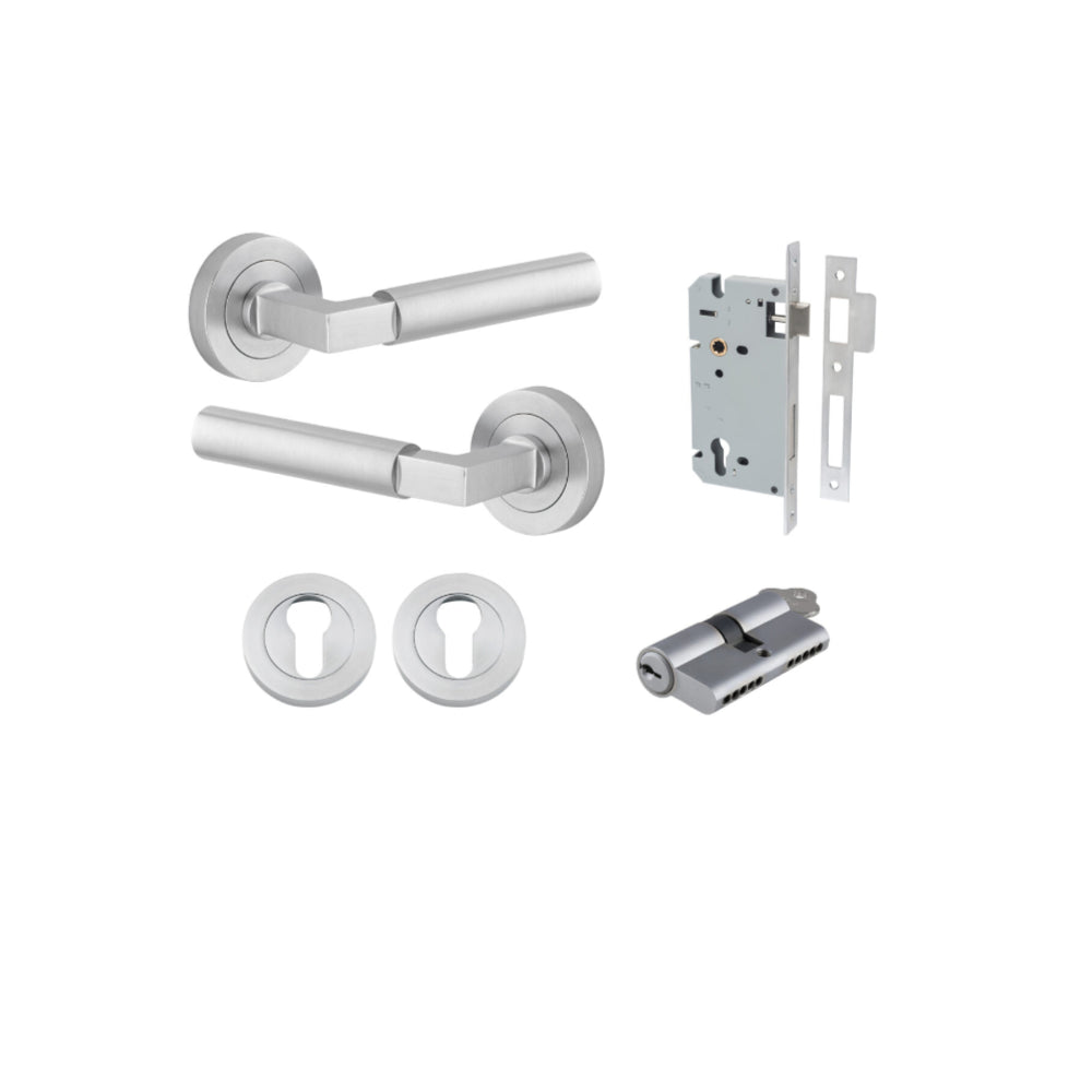 Door Lever Berlin Rose Round Pair Brushed Chrome L120xP60mm BPD52mm, Mortice Lock Euro Brushed Chrome CTC85mm Backset 60mm, Euro Cylinder Dual Function 5 Pin Brushed Chrome 65mm KA4, Escutcheon Euro Concealed Fix Round Pair Brushed Chrome D52xP10mm in Brushed Chrome